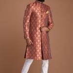 Golden Red Maharaja Style Banarasi Brocade Silk Sherwani | Regal Ethnic Wear | Jaipurio